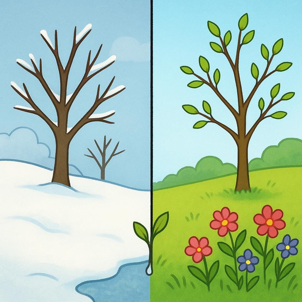 A visual boundary on the ground clearly separates a snowy, cold winter landscape on the left from a sunny, blooming spring landscape on the right, illustrating the start of a season.