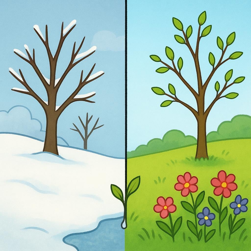 A visual boundary on the ground clearly separates a snowy, cold winter landscape on the left from a sunny, blooming spring landscape on the right, illustrating the start of a season.