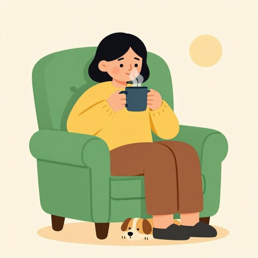A cozy scene of a person sitting in the same armchair with a cup of tea and a book.