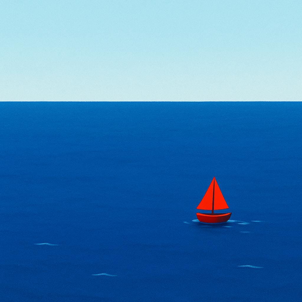 Un minuscule voilier rouge centré sur une vaste étendue d'eau bleue sans traits, illustrant une échelle immense.