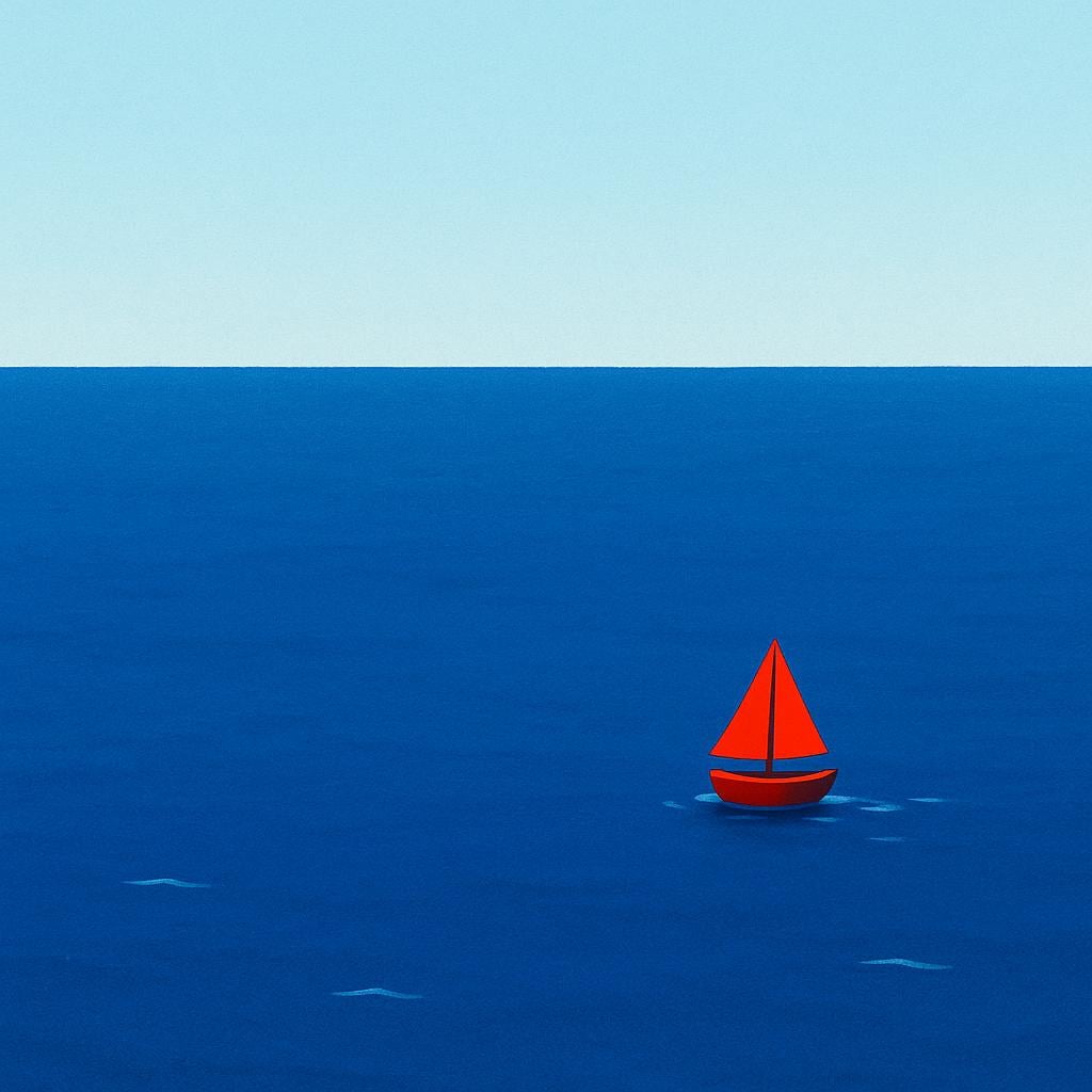A tiny red sailboat centered on a vast, featureless expanse of blue water, illustrating immense scale.