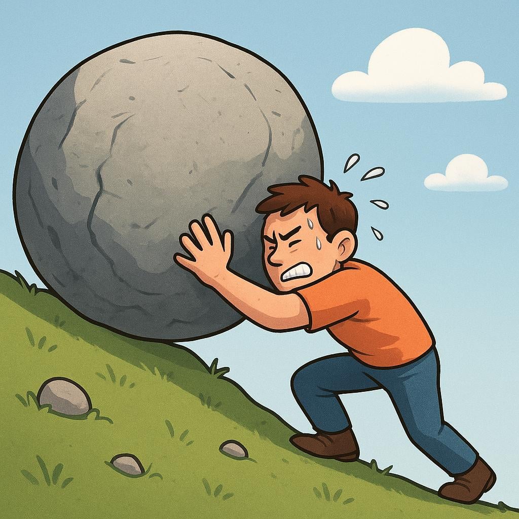 A colorful illustration showing a person straining and sweating profusely while trying to push a massive gray boulder up a steep green hill, symbolizing an overwhelming task.
