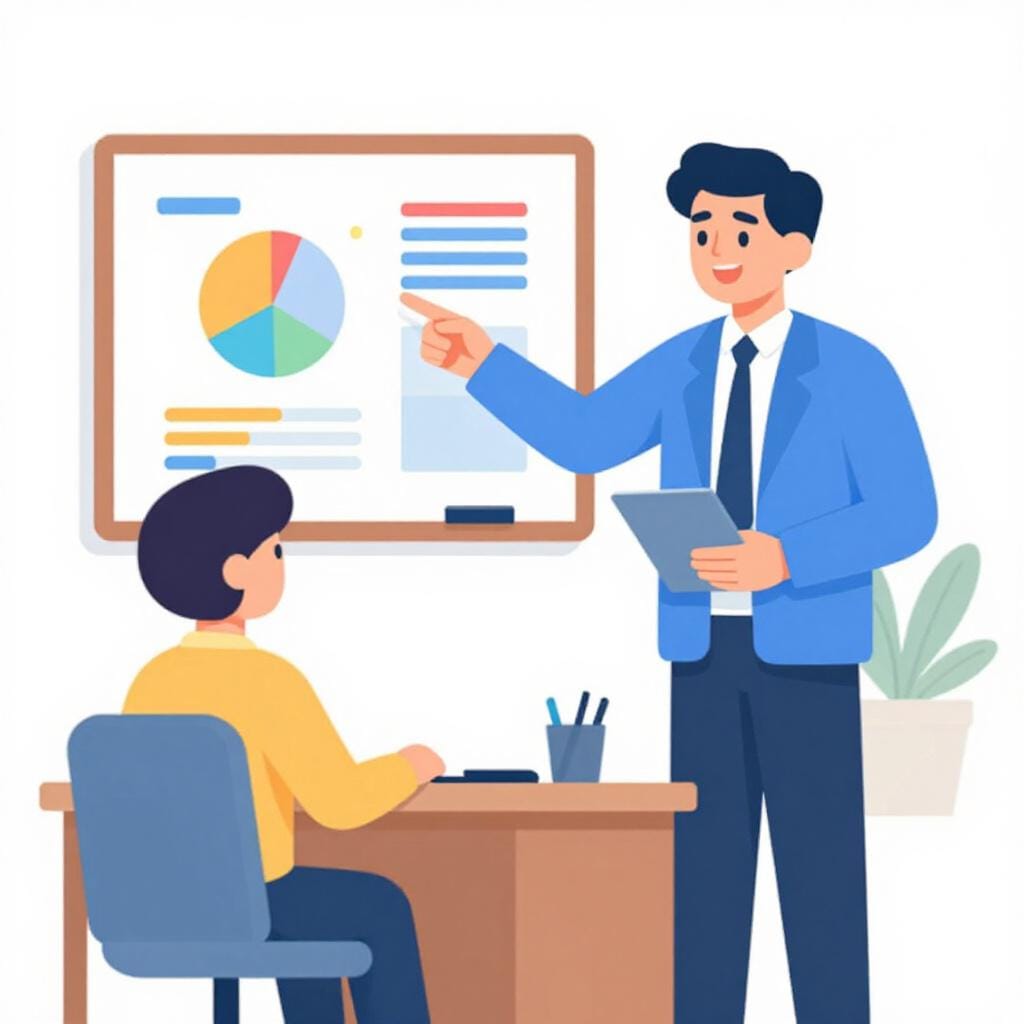 A professional person in a suit pointing to a chart while talking to a colleague at a desk.