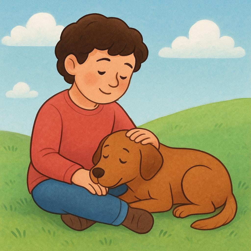 A young person sits on a green hill under a warm sun, gently stroking a large, friendly brown dog resting its head on the person's lap. The scene is peaceful and depicts continuous affection.