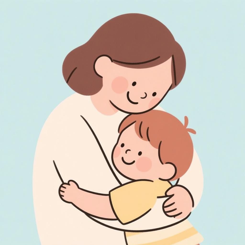 A simple illustration of an adult figure gently hugging a small child, symbolizing warmth and affection.