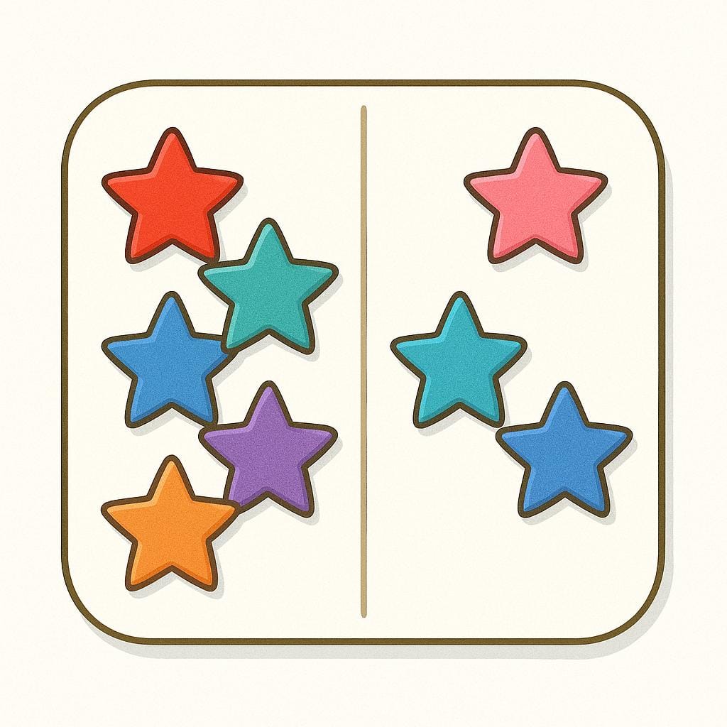 A simple cartoon scoreboard showing two sides competing. One side is marked with five large colorful stars, and the opposing side is marked with three large colorful stars, visually representing the score.