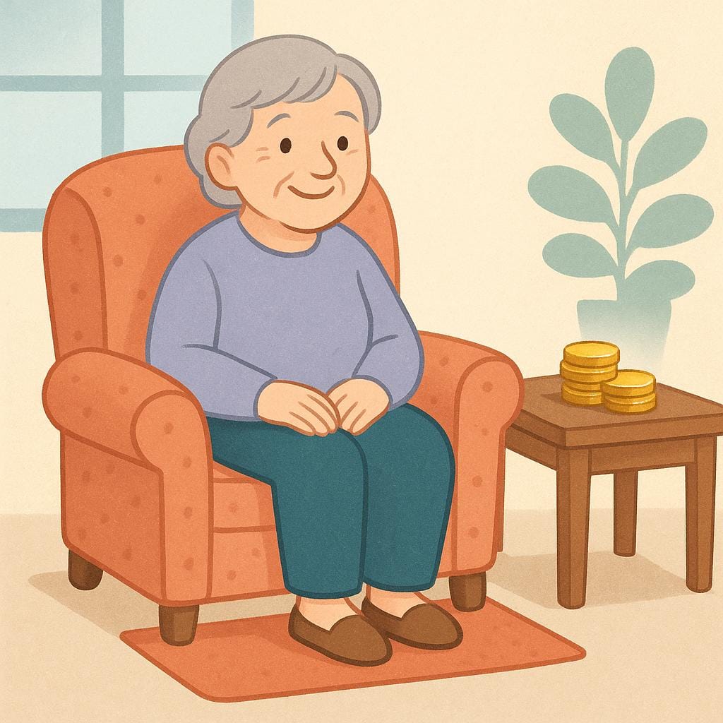 Uma pessoa idosa sentada confortavelmente numa poltrona, sorrindo, com uma pequena pilha de moedas de ouro pousada numa mesa ao lado, simbolizando segurança financeira na aposentadoria.