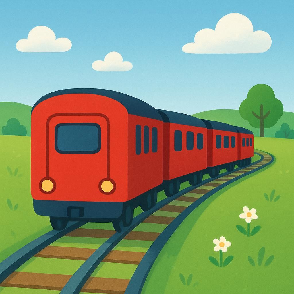 A high-quality simple colorful storybook illustration showing the back end of a simple red train moving away, clearly emphasizing the rear position.