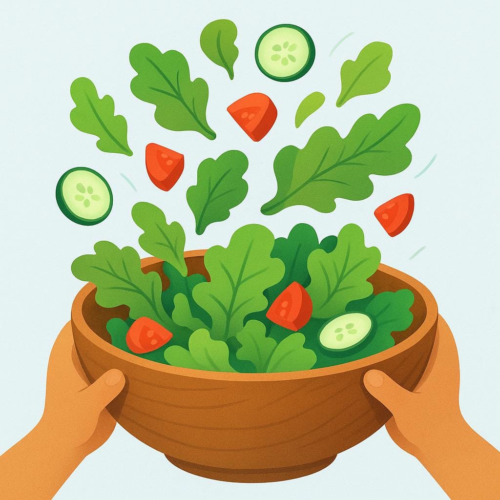 Hände einer Person, die frische Salat Zutaten in einer großen Holzschüssel mischen.