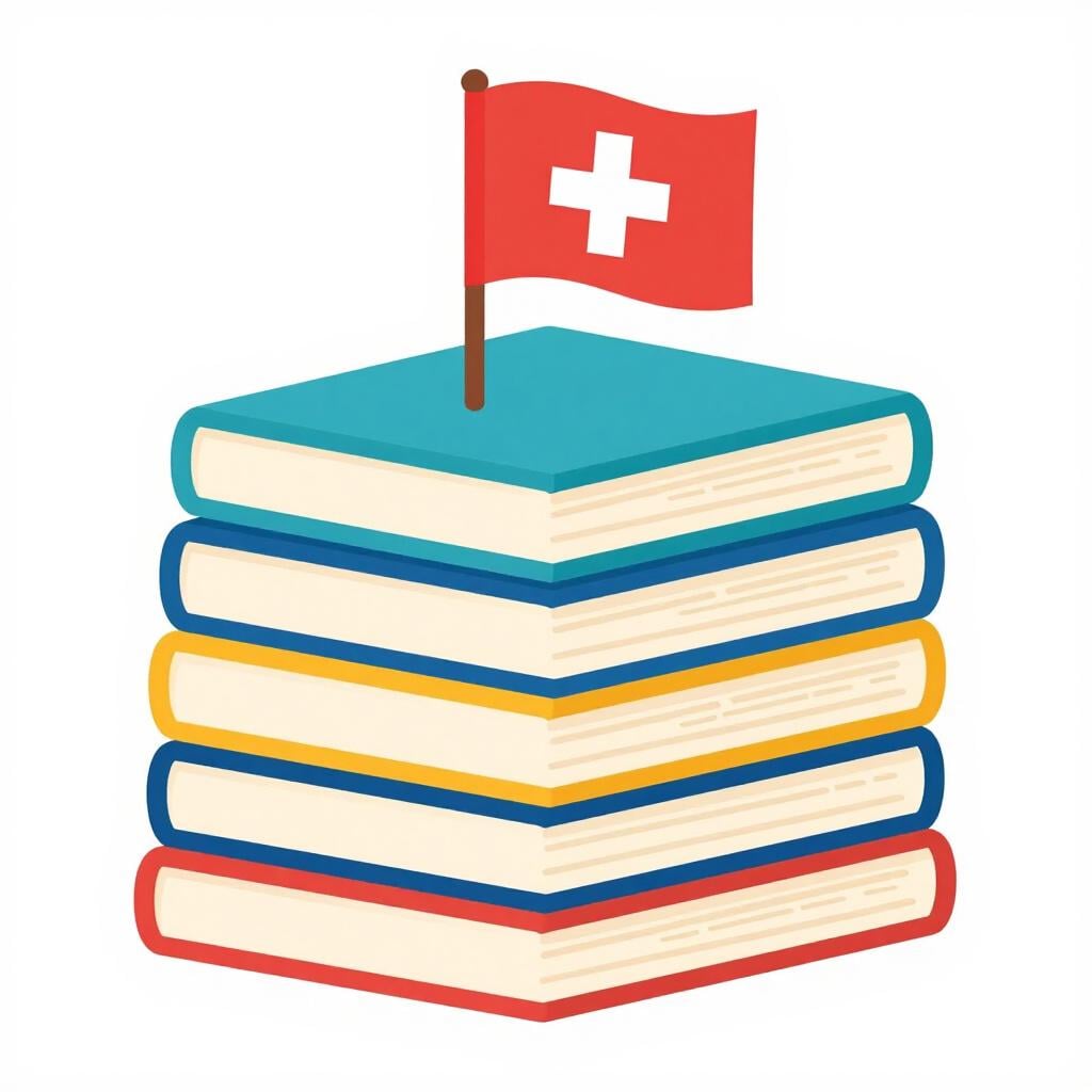 Una pila di libri colorati con una piccola bandiera della Danimarca in cima.