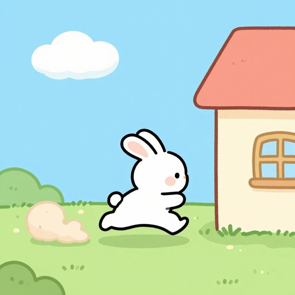 Een cartoonkonijn met een kleine bundel over zijn schouder, dat snel wegrent van een hol, met een klein stofwolkje achter zich.