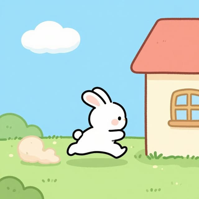 A cartoon rabbit with a small bindle over its shoulder, running quickly away from a burrow, leaving a small cloud of dust behind.