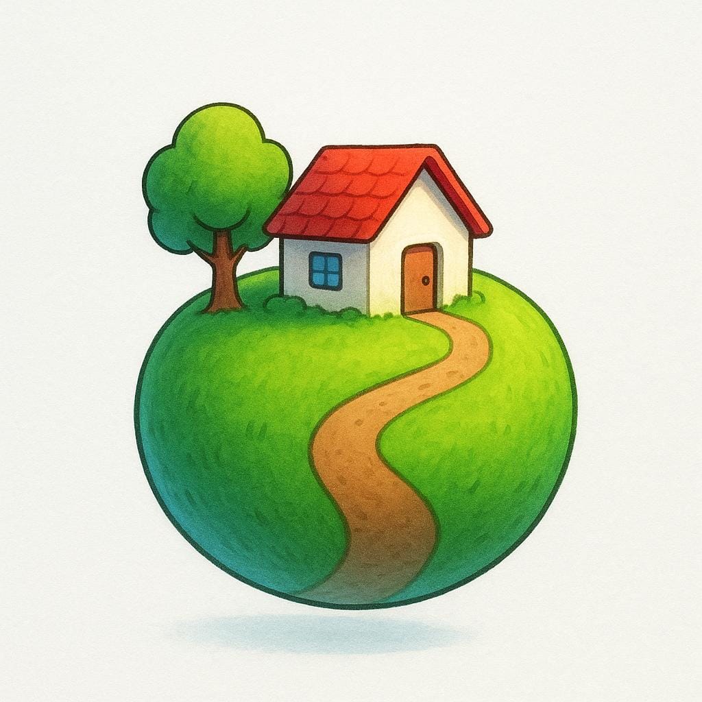 A miniature, self-contained green sphere floating in the air, containing a small red roof cottage, a single stylized green tree, and a winding dirt path, representing a personal world or sphere of influence.