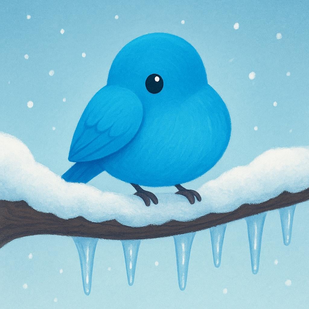 A small bird huddled on a snow-covered branch with frost on the wood.