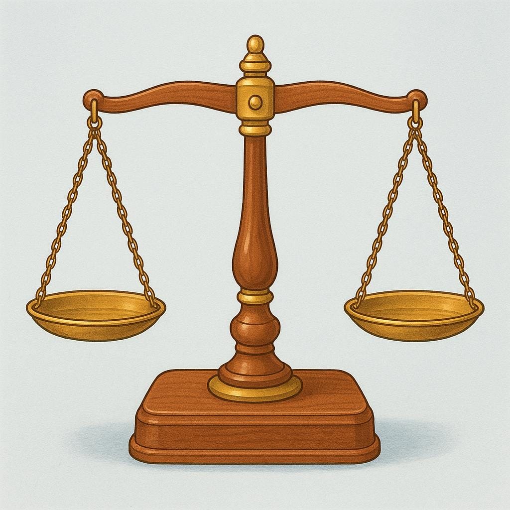 A simple, old-fashioned balance scale standing perfectly level and centered, symbolizing honesty and fairness.