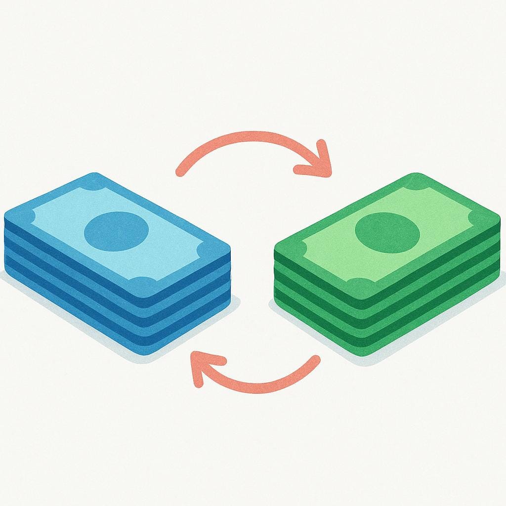 Two distinct stacks of colorful rectangular paper bills are placed next to each other on a table, symbolizing currency exchange.