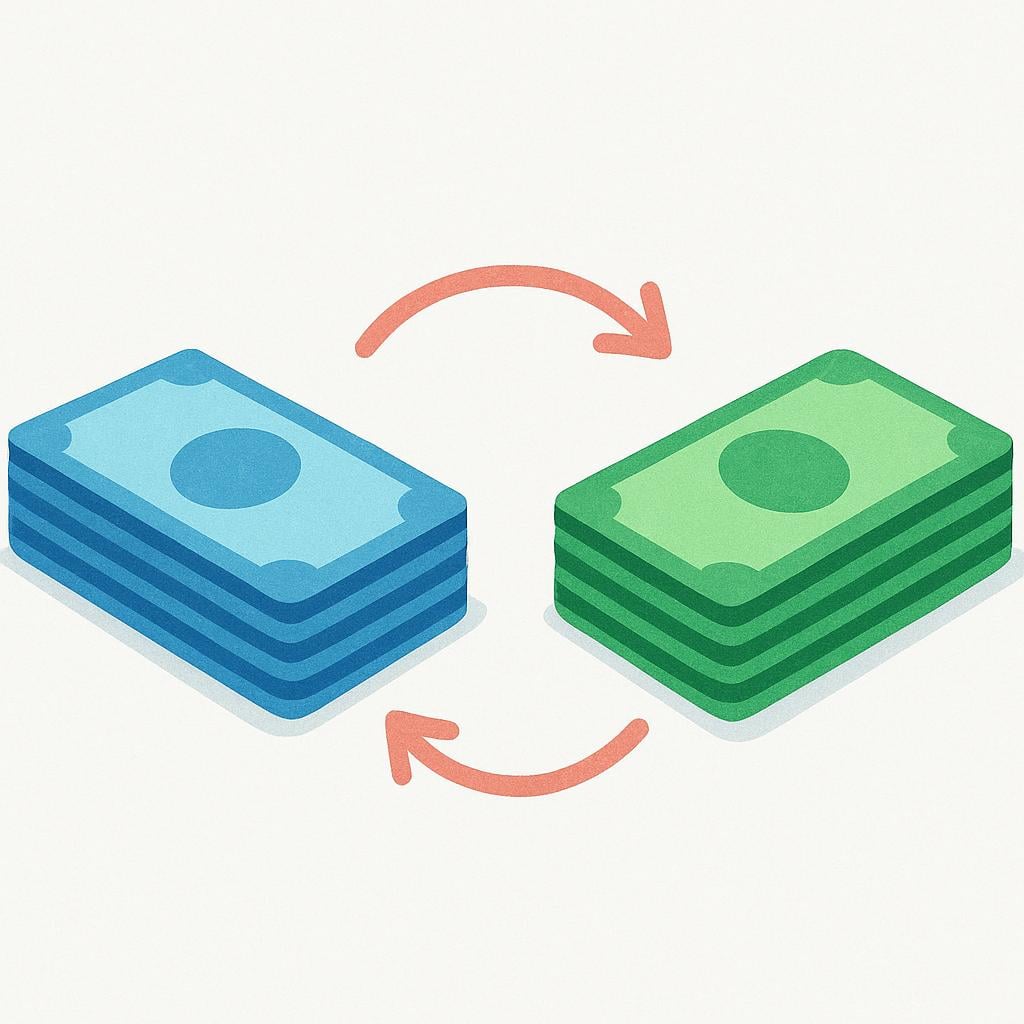Two distinct stacks of colorful rectangular paper bills are placed next to each other on a table, symbolizing currency exchange.