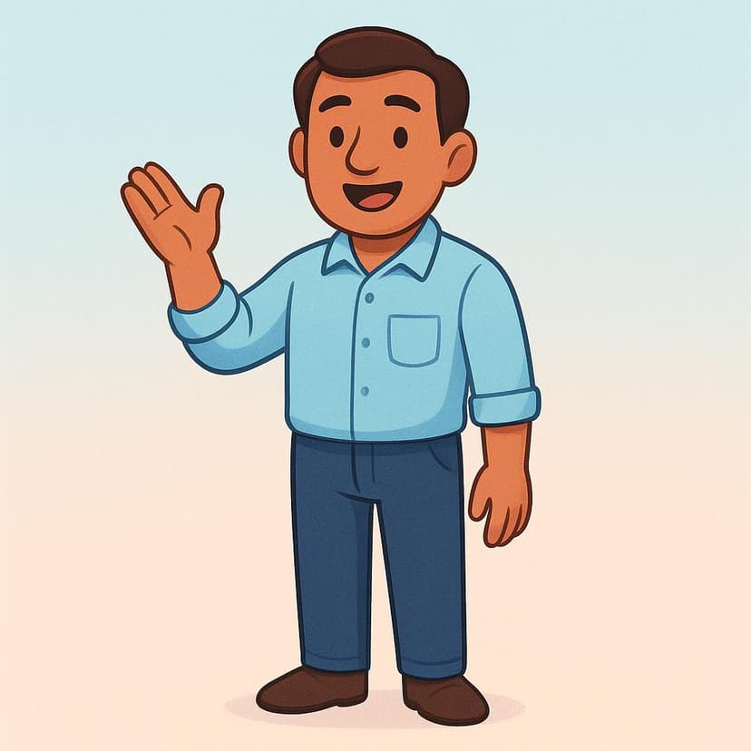 A simple storybook illustration of a friendly man standing, looking forward, with his mouth open mid-speech.