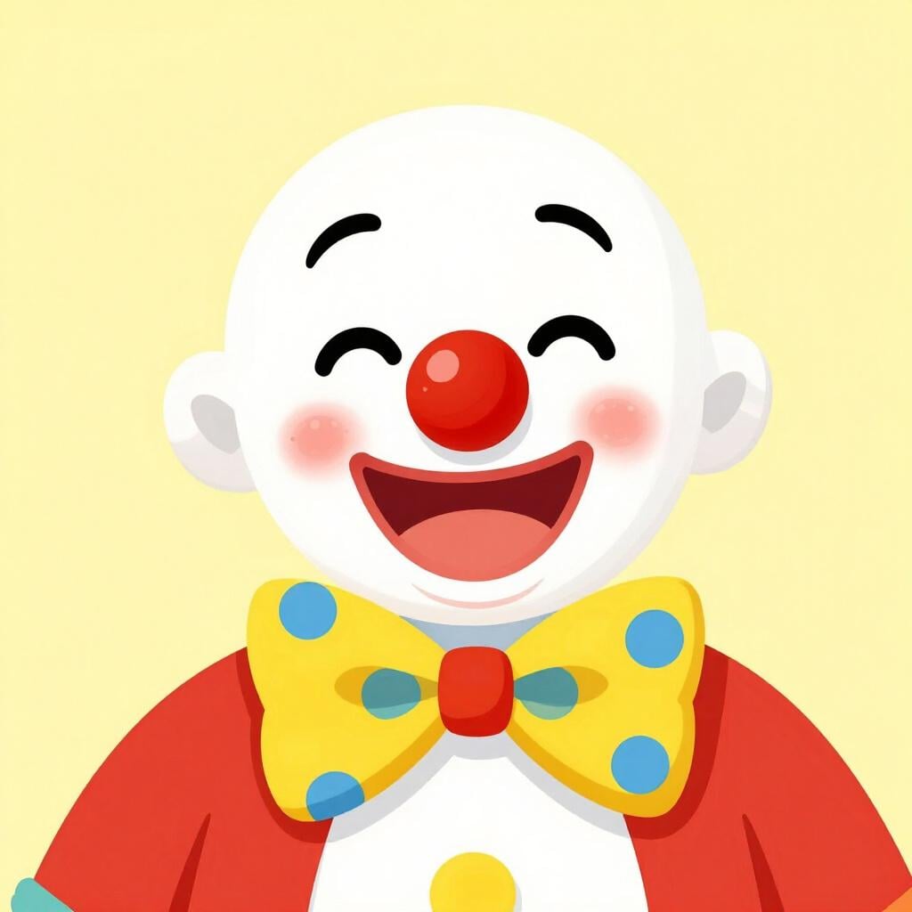 Een kleurrijke illustratie van een vriendelijke clown met een grote rode neus en een gestippelde vlinderdas, die hartelijk lacht.