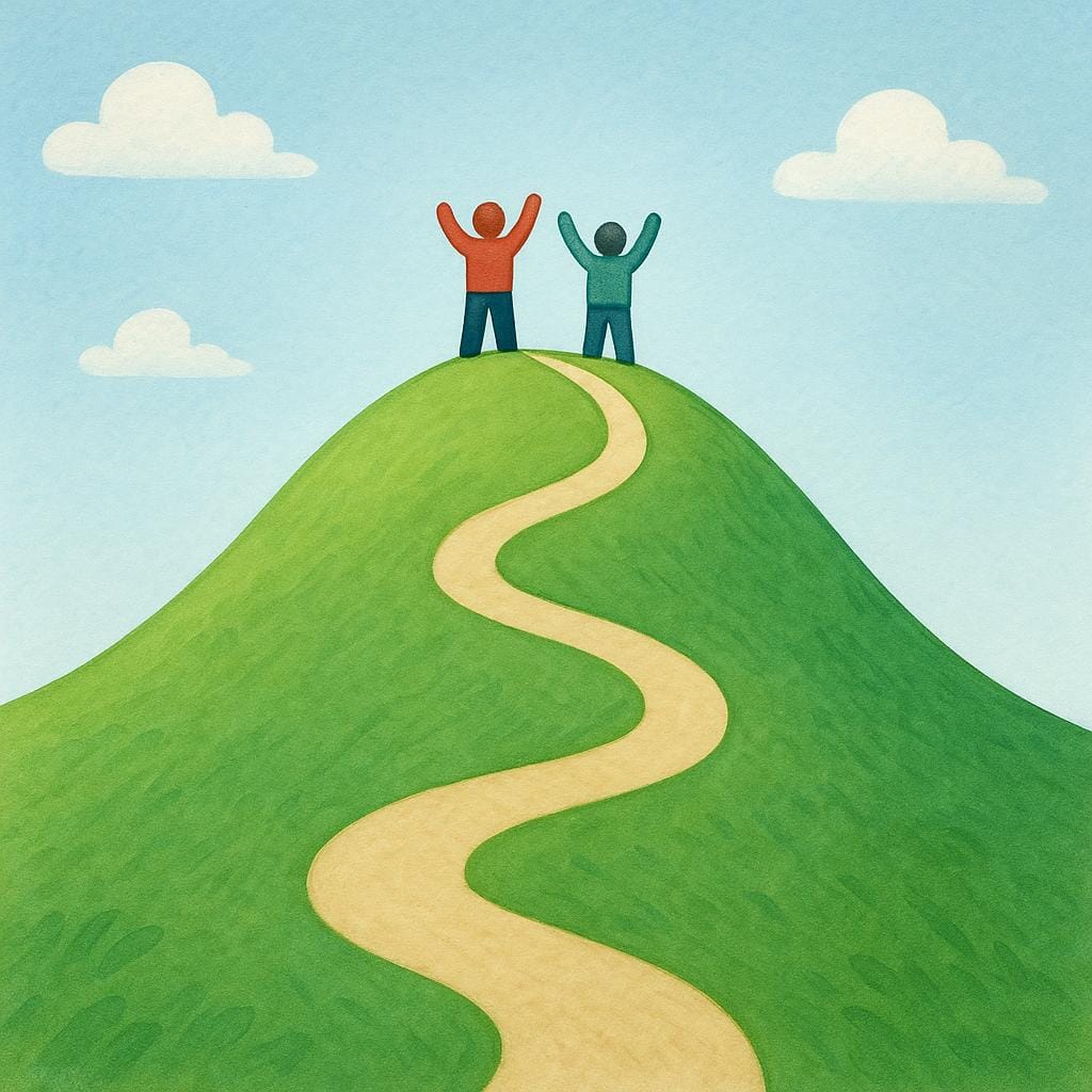 Two small, successful hikers standing triumphantly on the peak of a green, rolling hill, looking down at the winding path they completed, symbolizing their arrival being finished.
