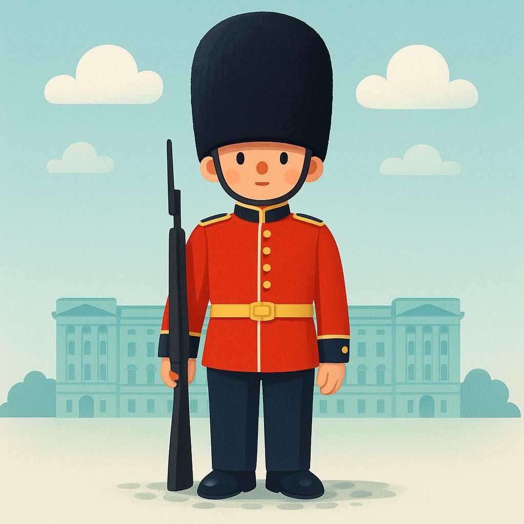 A simple storybook illustration of a male British Royal Guard standing at attention in a red tunic and tall black bearskin hat.