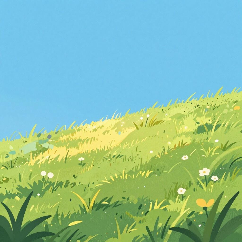 Une colline herbeuse d'un vert vif baignée par un soleil chaud et jaune avec quelques petites fleurs sauvages.