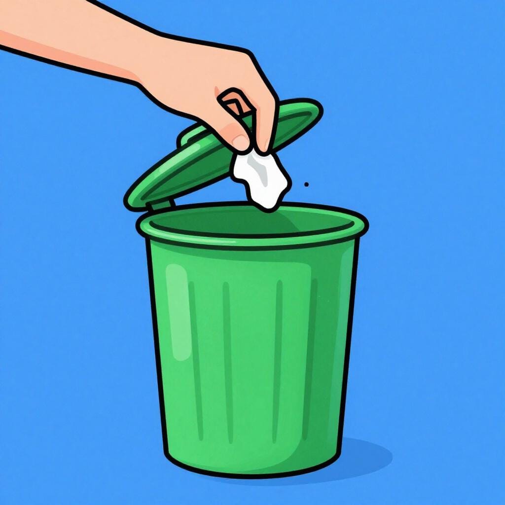 Eine Person wirft ein zerknülltes Stück Papier in einen grünen Mülleimer.