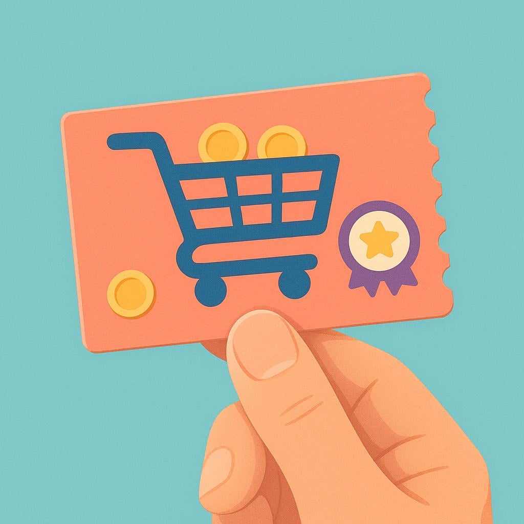 An illustration of a small, brightly colored rectangular paper voucher or discount coupon being held up by two fingers.