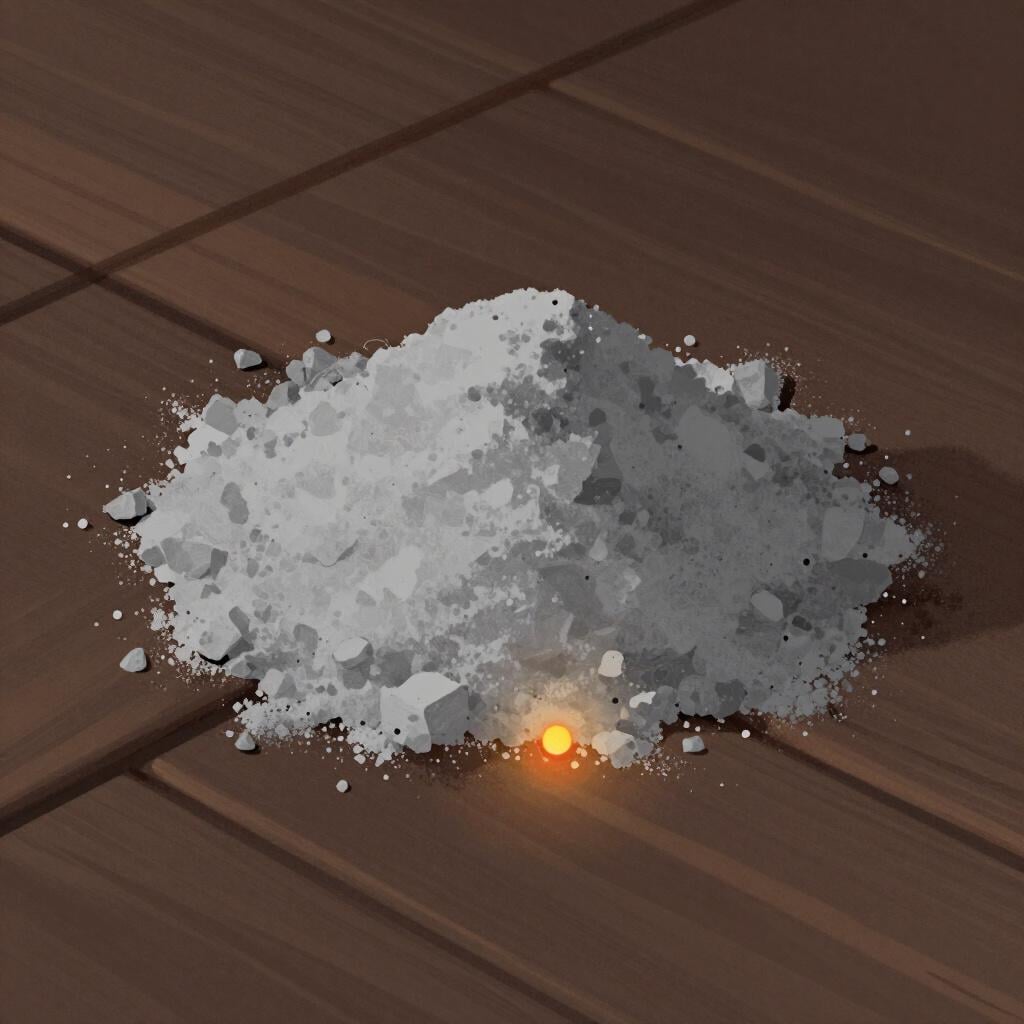 Une petite pile de cendres grises poudreuses sur une surface en bois sombre.