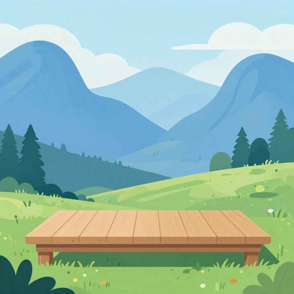 Eine gemalte Kulisse einer friedlichen Berglandschaft hinter einem kleinen Bühnenbild.