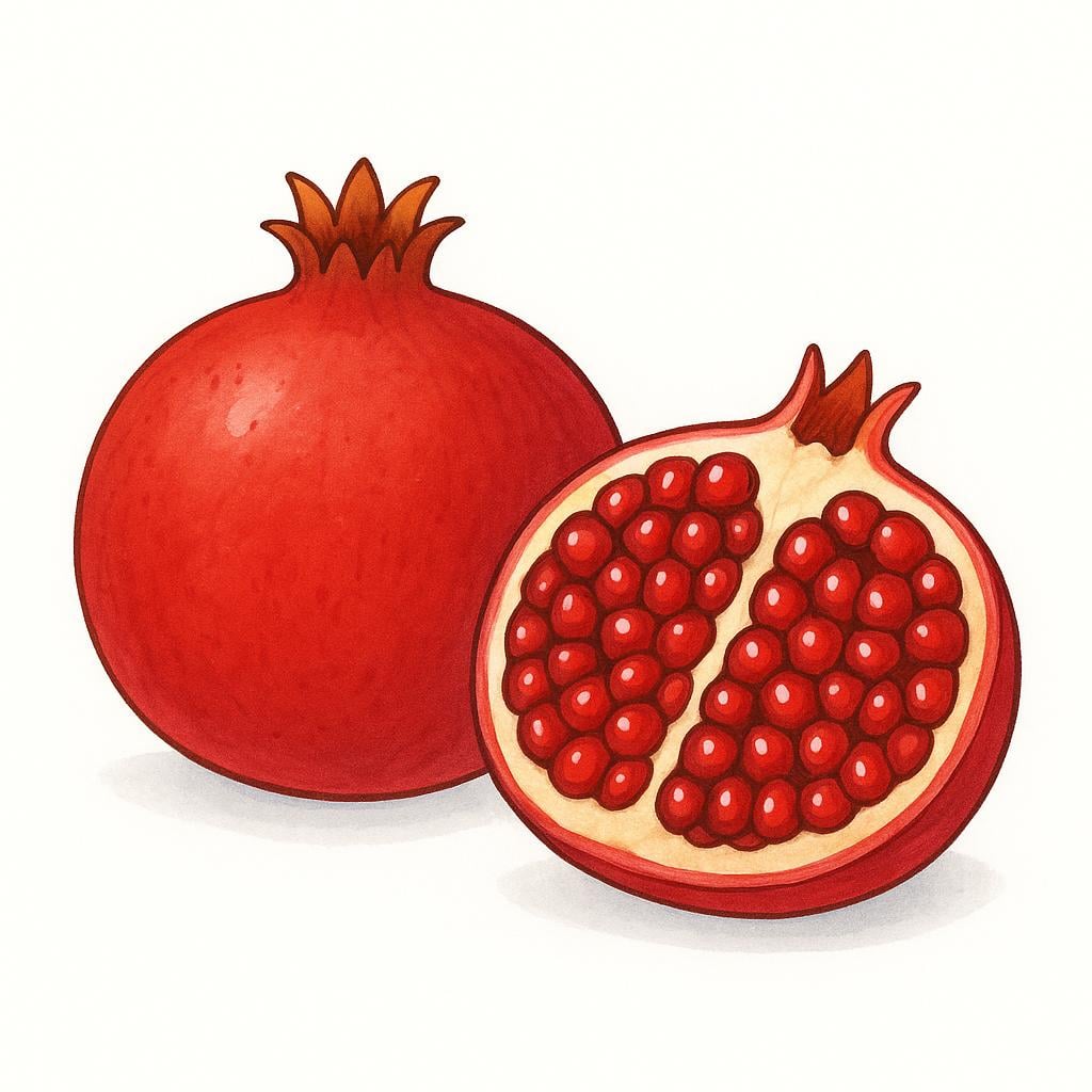 A whole red pomegranate next to a halved pomegranate showing its juicy red seeds.
