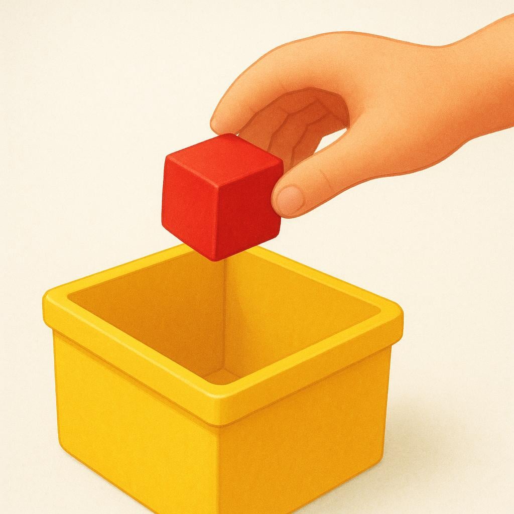 A child's hand gently placing a red wooden block inside a bright yellow toy box.