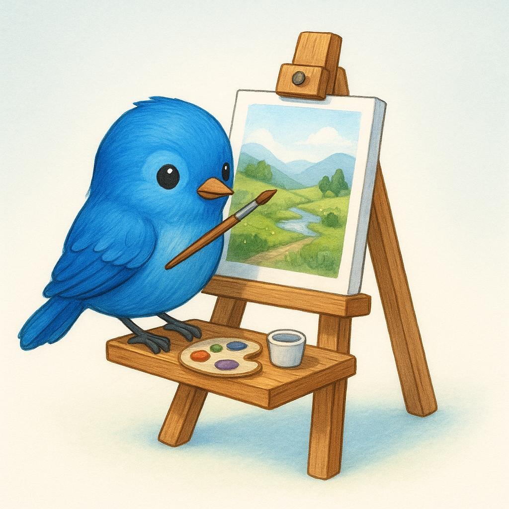 A small, brightly colored bird standing on a wooden easel, holding a tiny paintbrush in its beak, carefully adding a final touch to a miniature, detailed landscape painting.