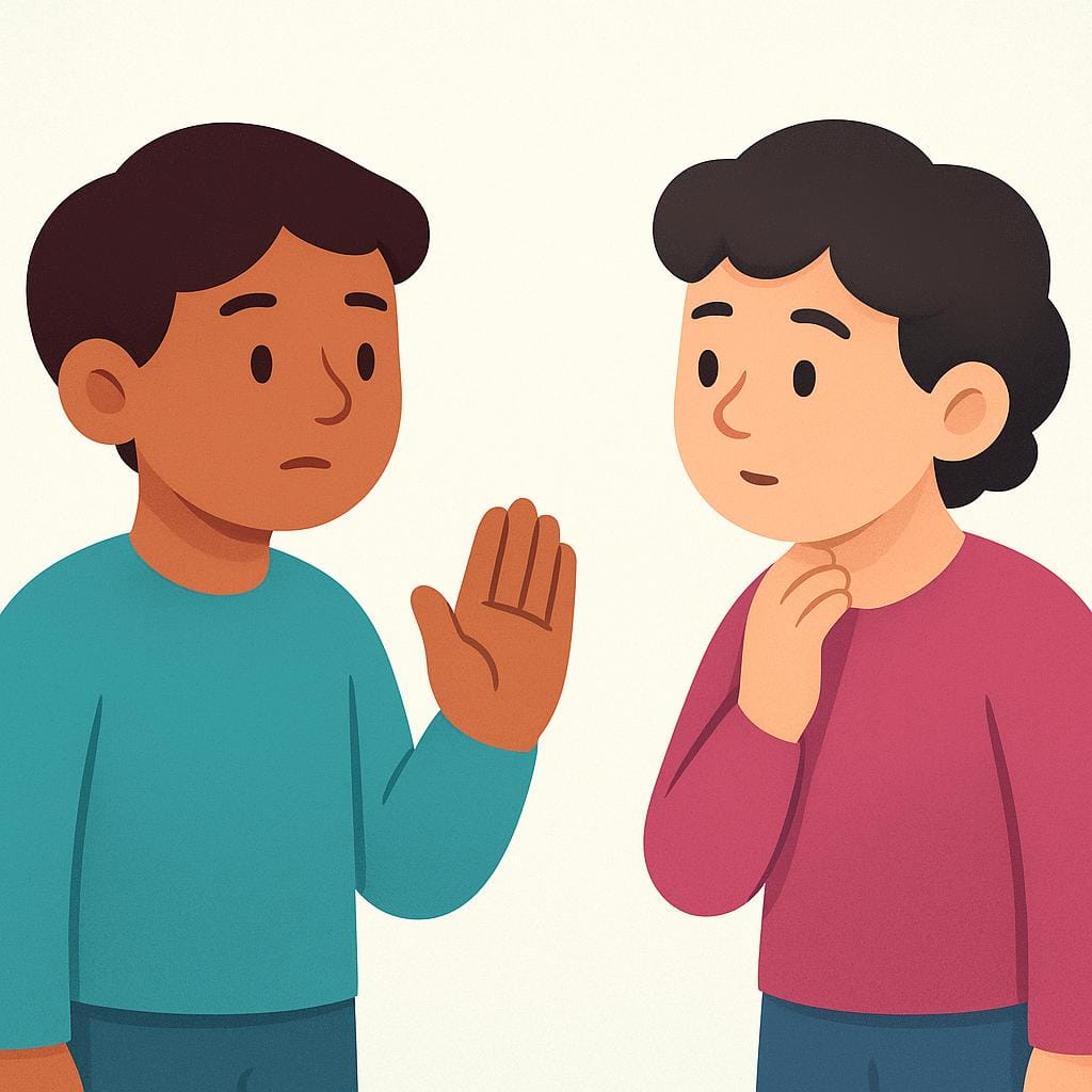 A person stands, raising a cautionary hand in a stopping gesture towards another figure who is paying attention, symbolizing a warning being given.