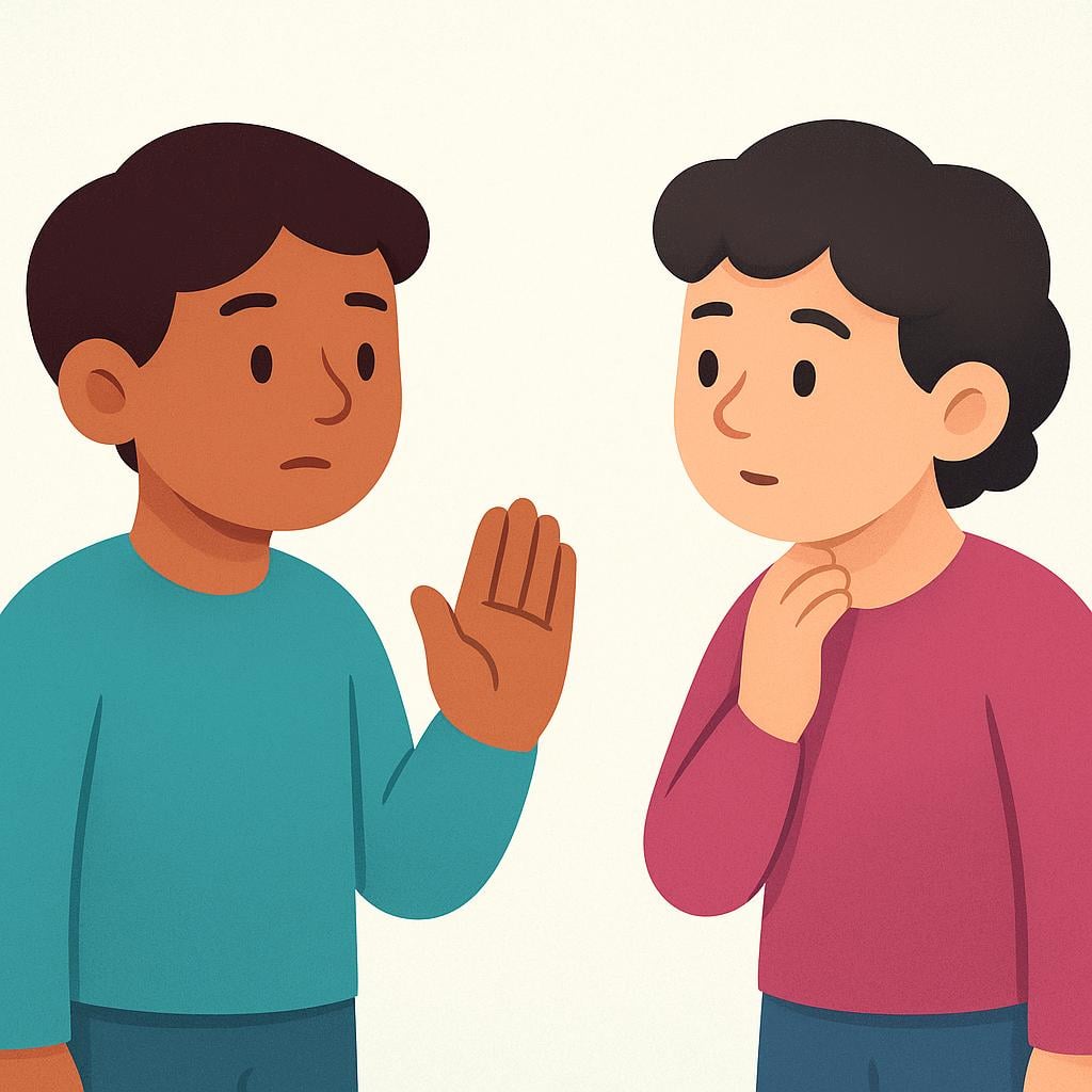 A person stands, raising a cautionary hand in a stopping gesture towards another figure who is paying attention, symbolizing a warning being given.