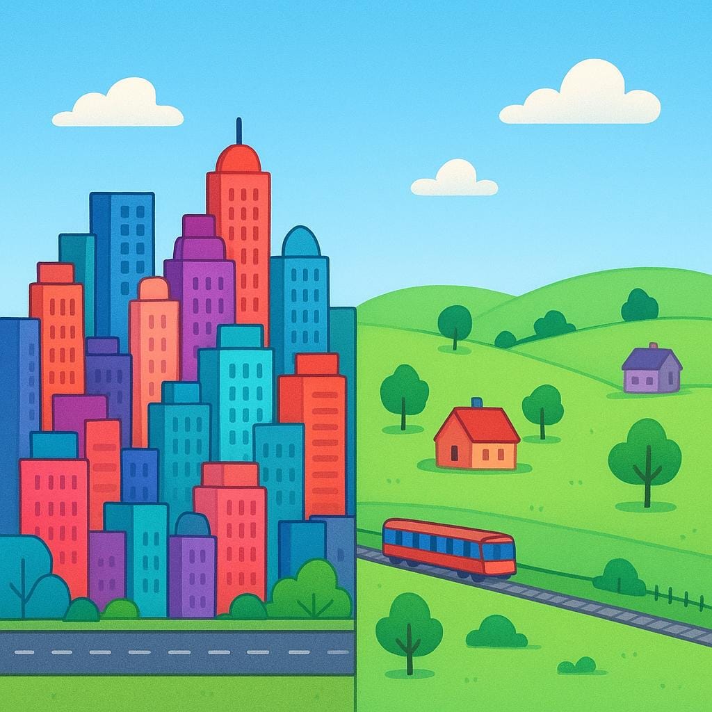 A simple colorful storybook illustration showing the transition zone between a dense city and open countryside. On one side are tall, colorful buildings, and on the other are rolling green hills and a few isolated small houses.