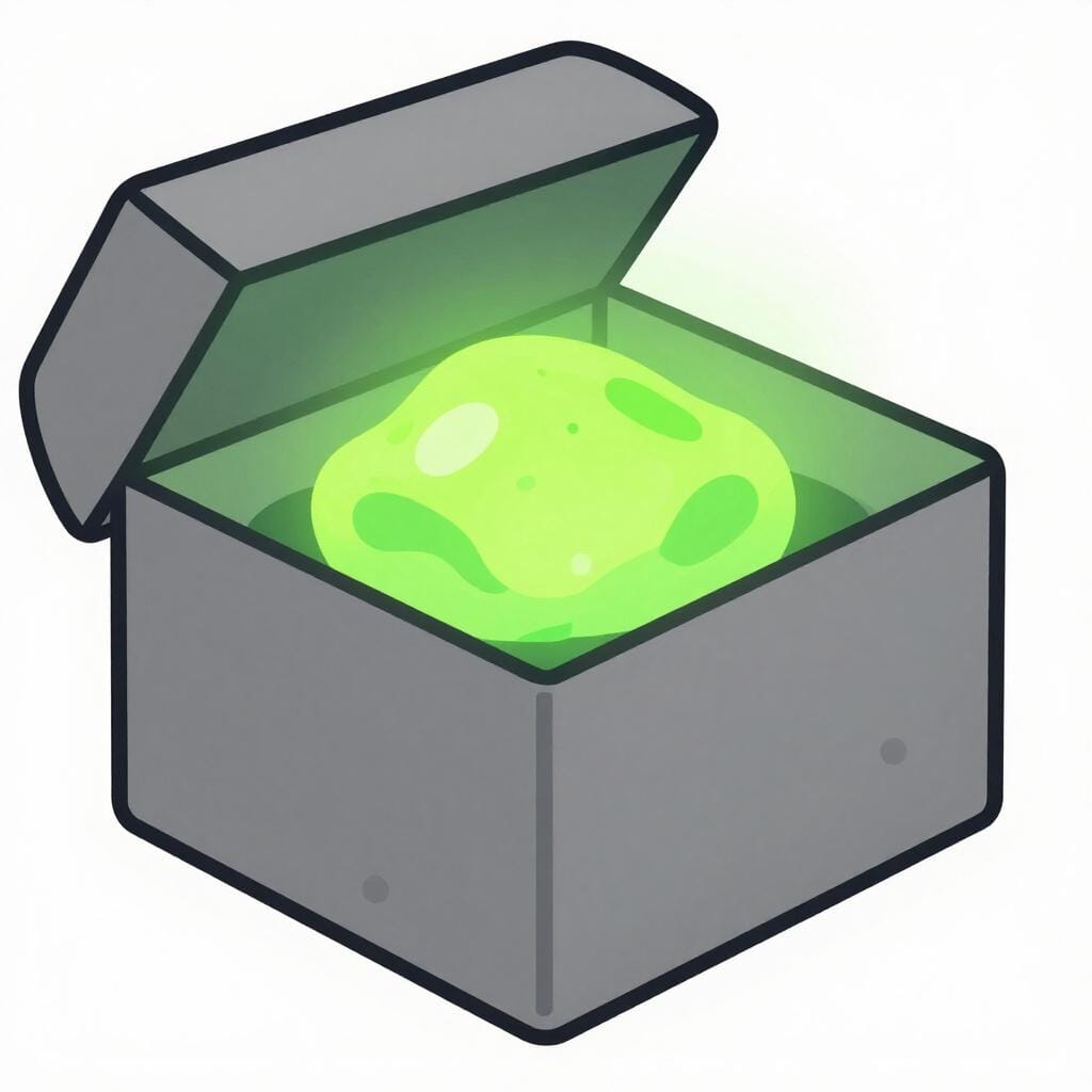 A glowing green rock inside a heavy metal container, emitting a soft light.