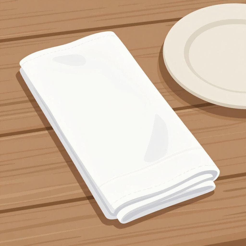 A white cloth napkin neatly folded on a wooden table next to a plate.