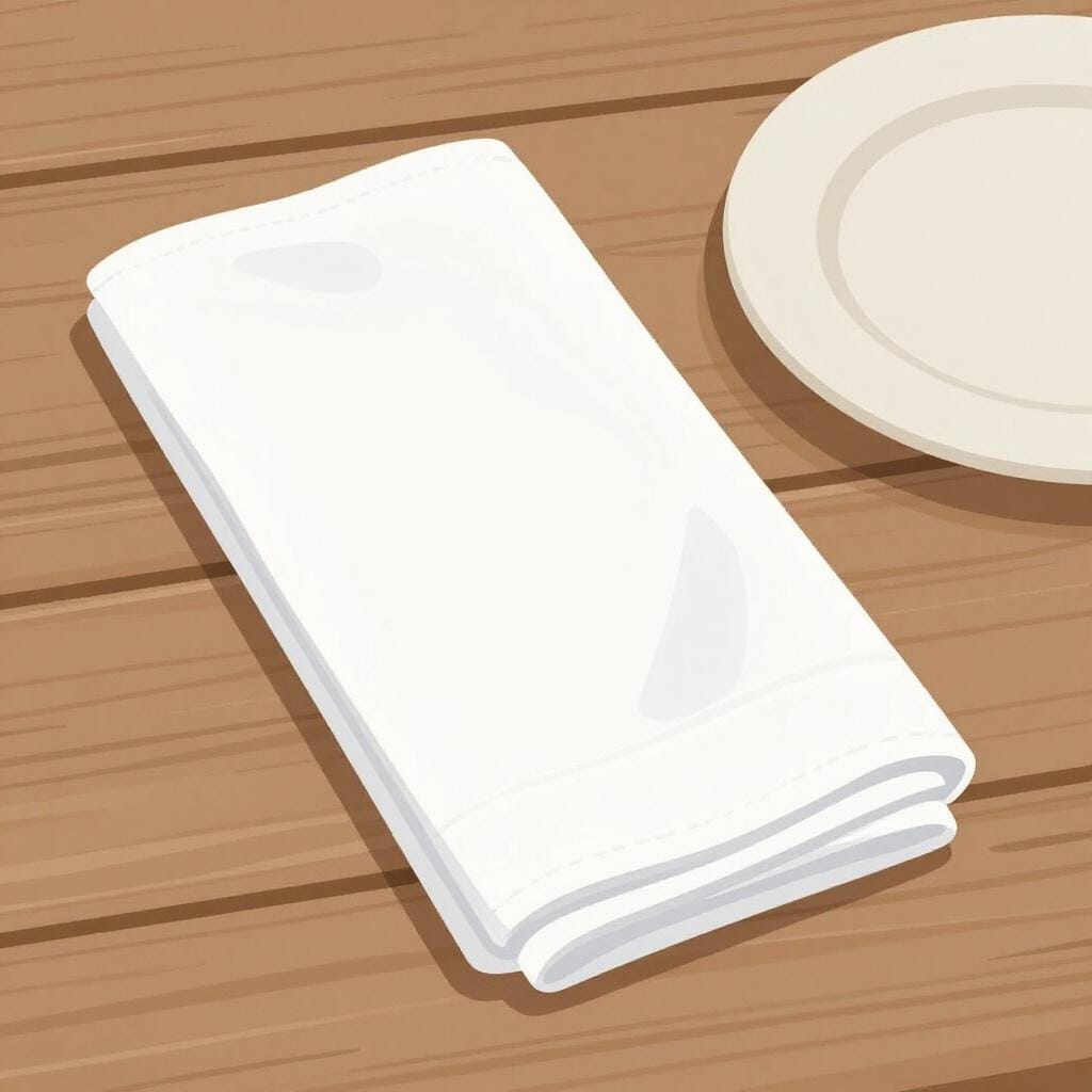 A white cloth napkin neatly folded on a wooden table next to a plate.
