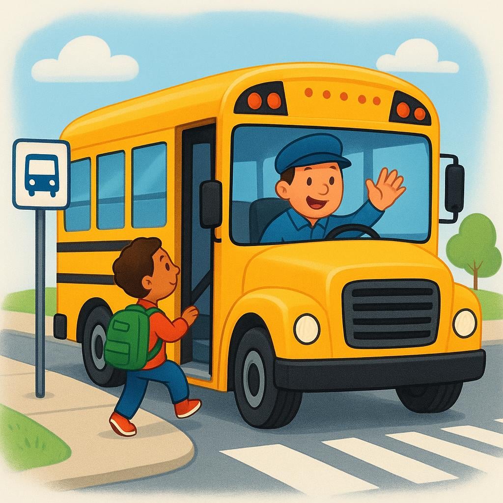 A bright yellow school bus stopped at a street corner with a friendly driver waving as a student steps onto the bus.