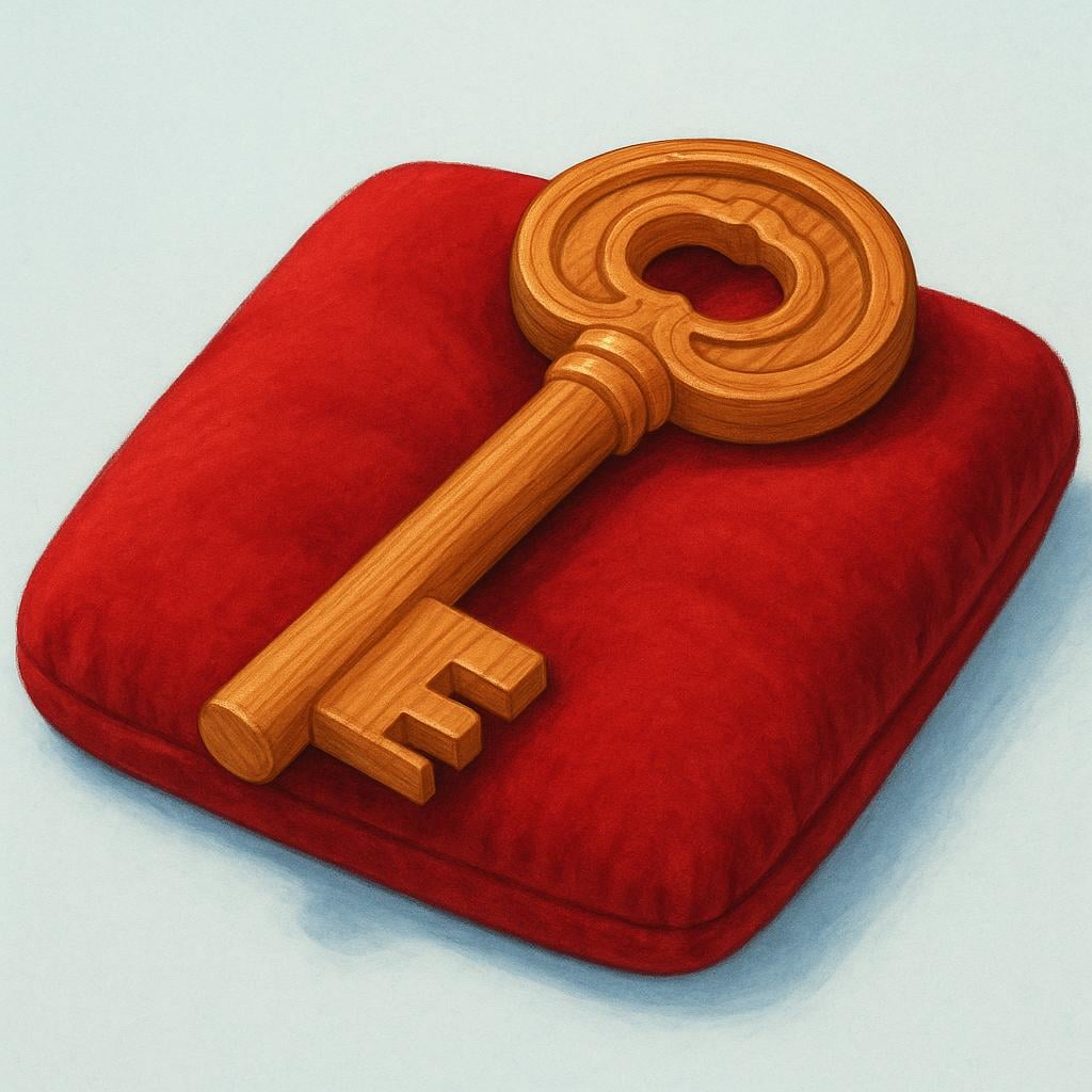 A perfectly crafted, smooth, and detailed wooden key resting on a simple red velvet cushion, representing authenticity and validity.