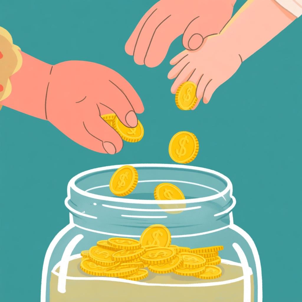 Two different hands simultaneously dropping golden coins into a clear glass jar for a shared contribution.