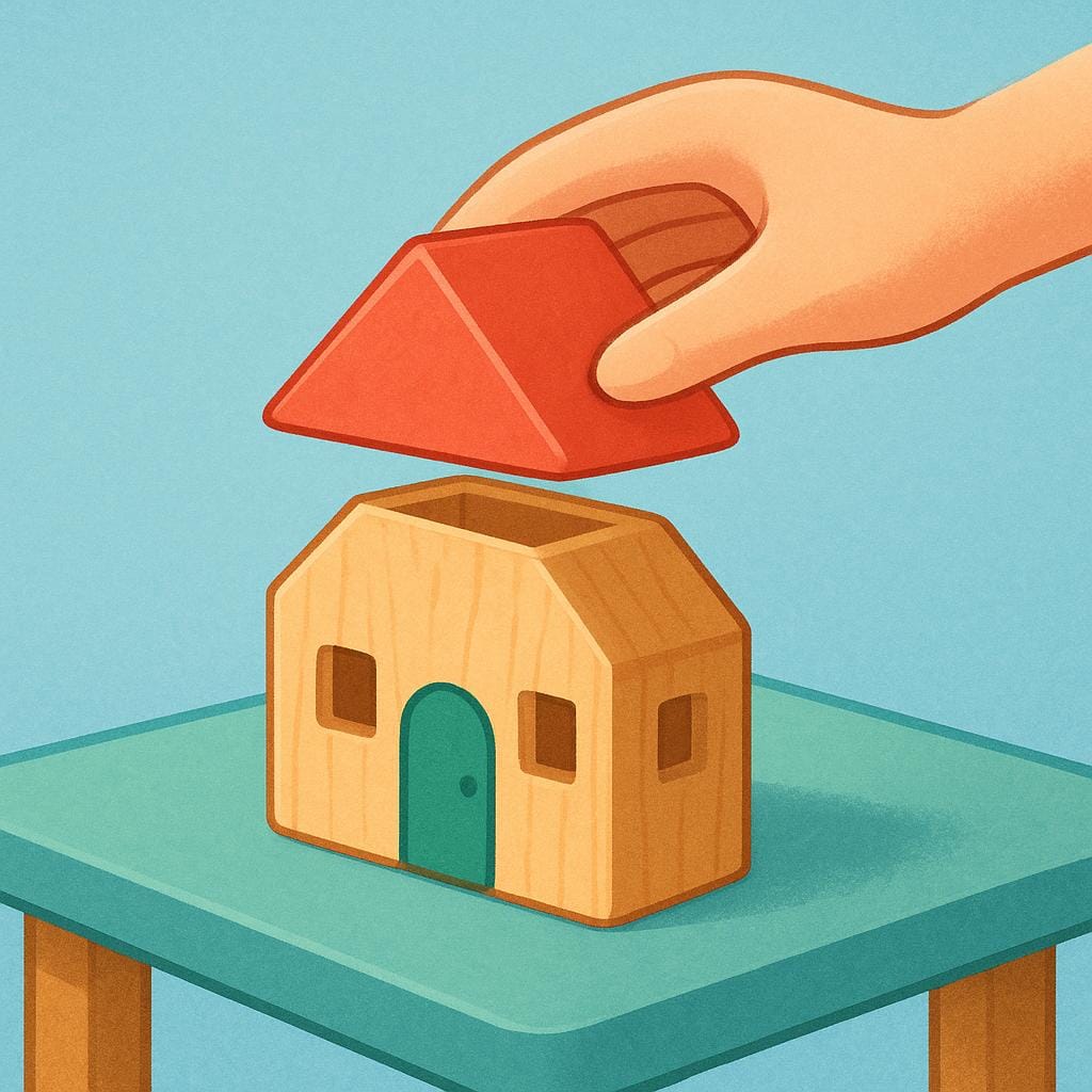 A simplified illustration showing a human hand assembling a small wooden toy house by following a clear, visual sequence of steps.