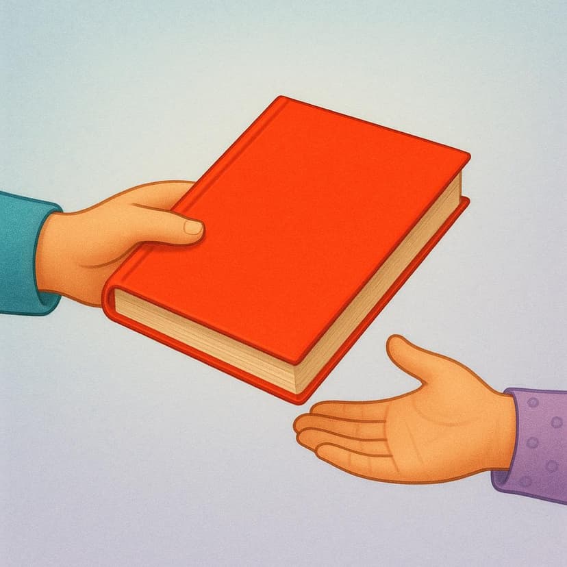A storybook illustration showing one person gently offering a red book to another person's outstretched hand, symbolizing the act of lending.