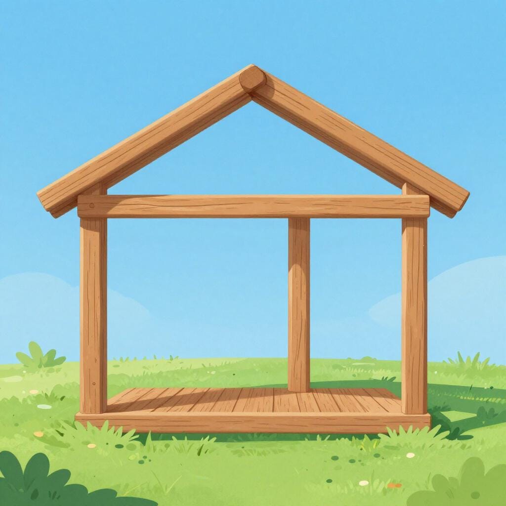 A solid wooden structure of a house before the walls are added.
