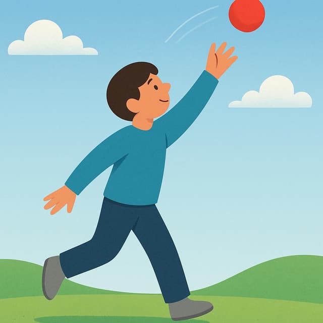 Uma pessoa lança uma pequena bola vermelha para o alto contra um fundo azul brilhante.