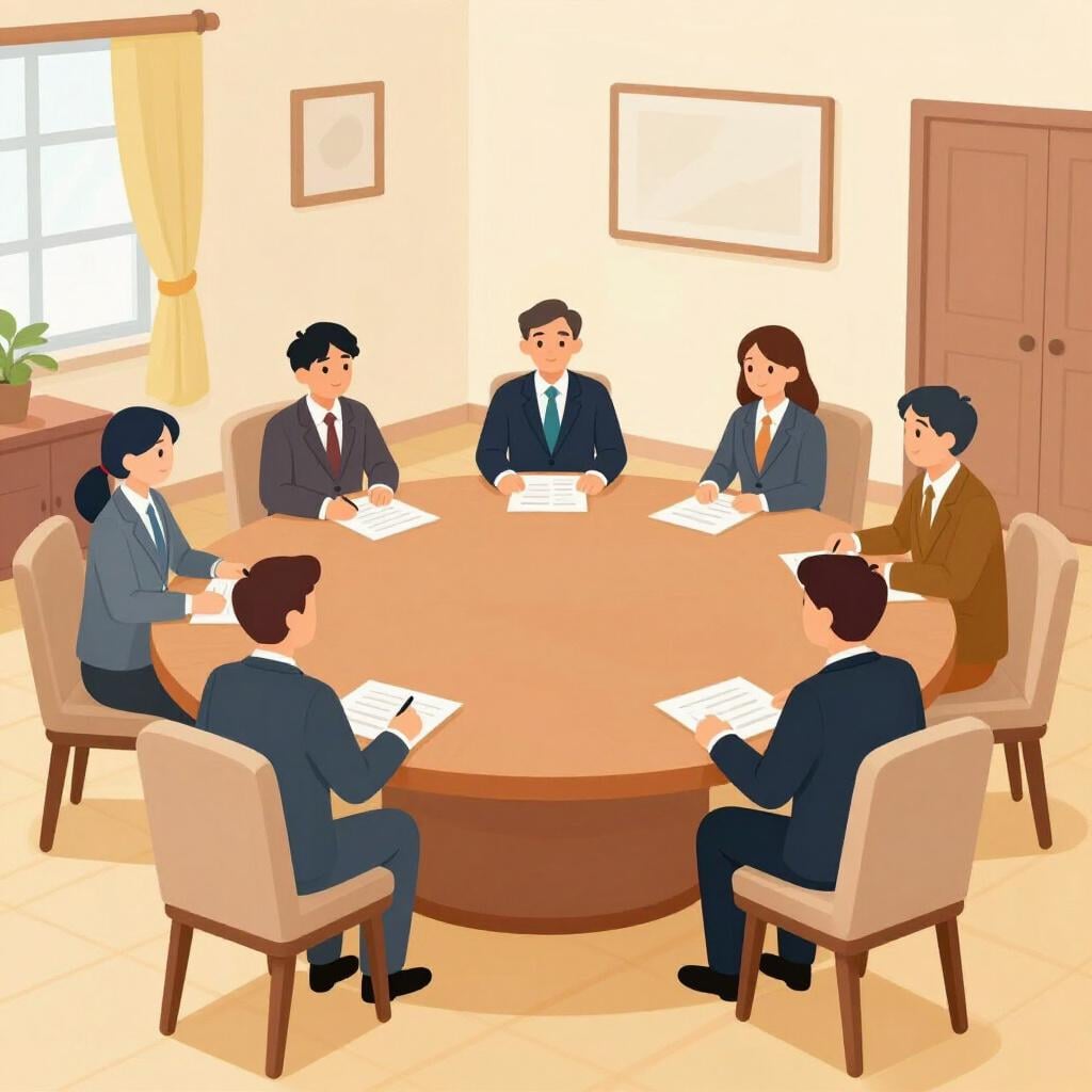 A group of diverse leaders in formal suits sitting around a large round table in a bright room.