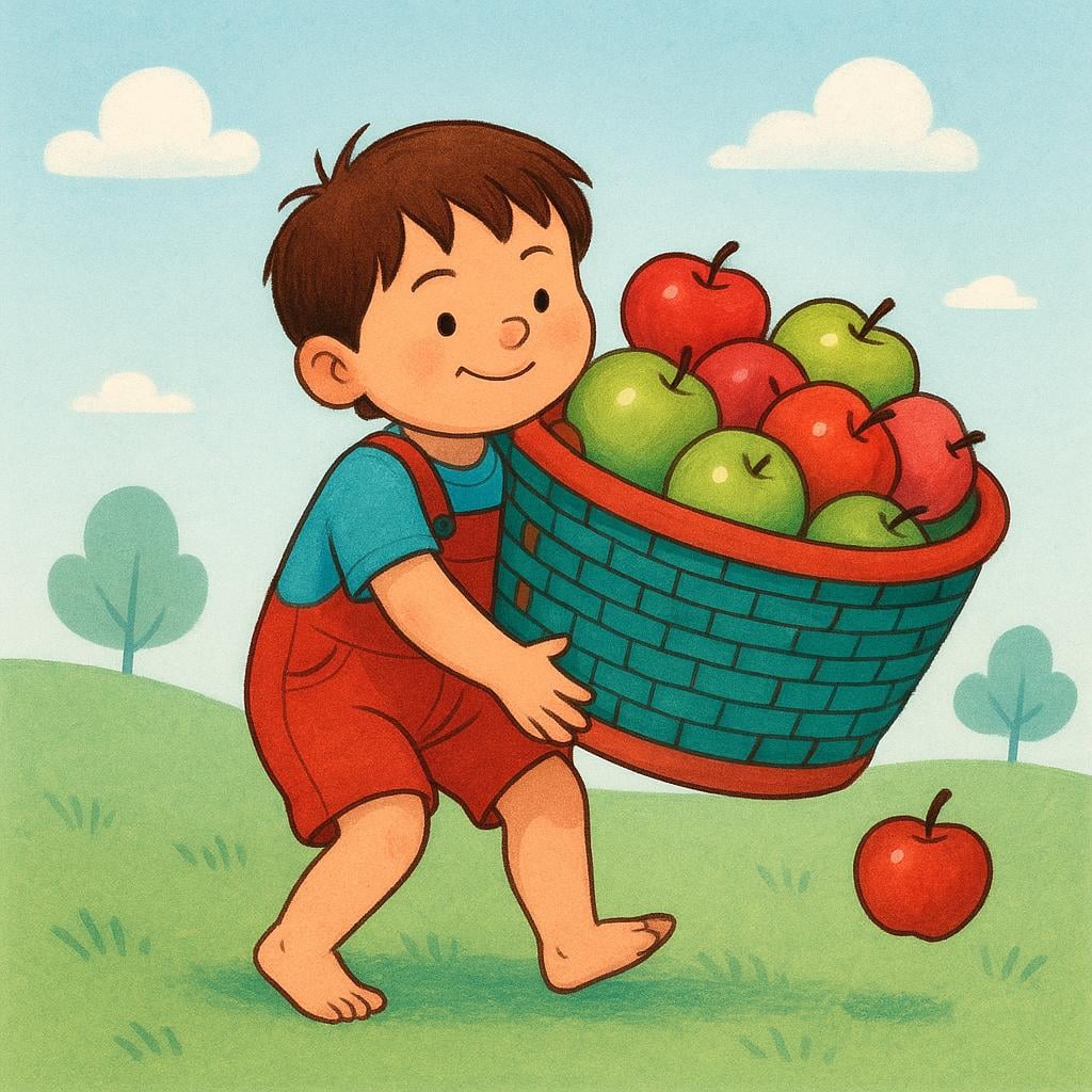 A young person carrying a large, woven basket filled with red apples.