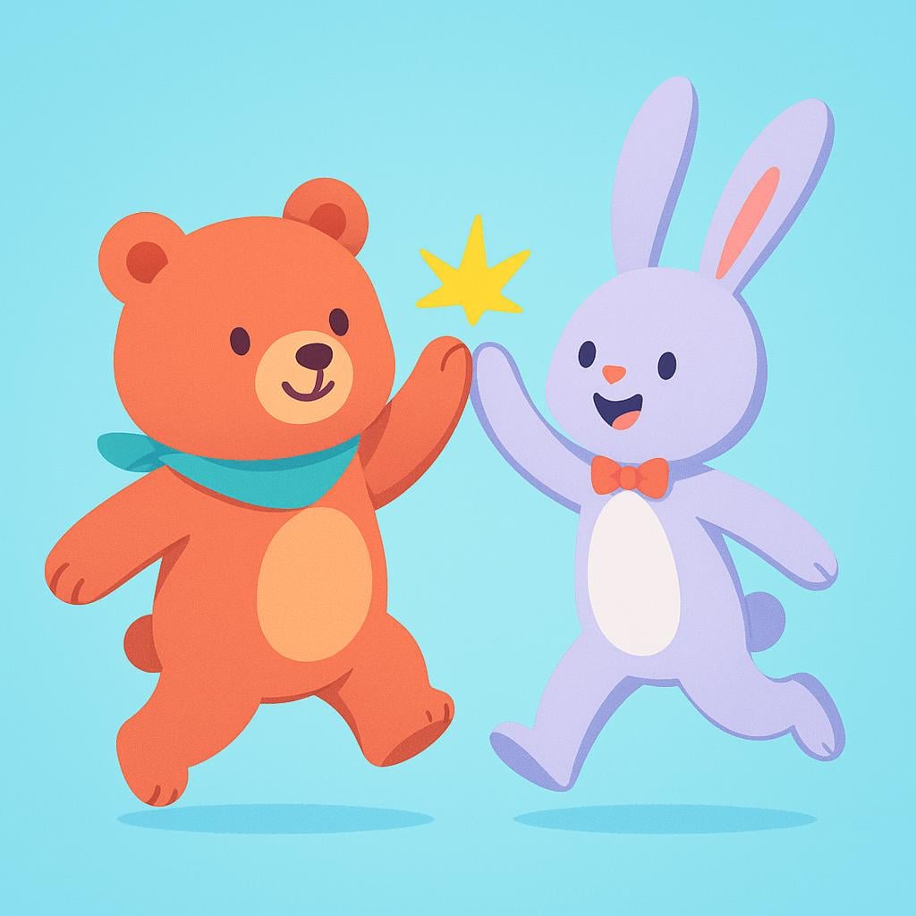 A colorful illustration showing a friendly bear and a rabbit enthusiastically high-fiving, symbolizing mutual agreement and initiation of an action.