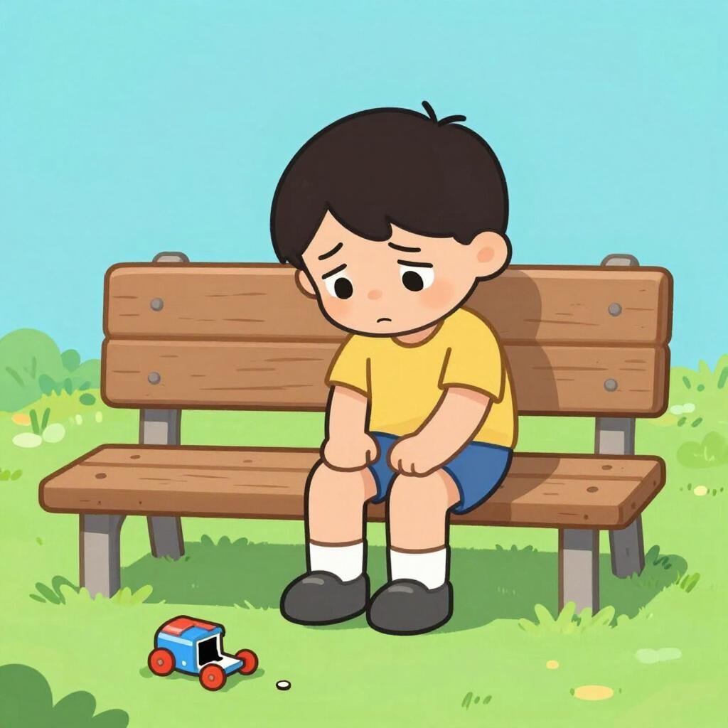A sad character sitting alone on a wooden bench, looking down at a broken toy on the ground.